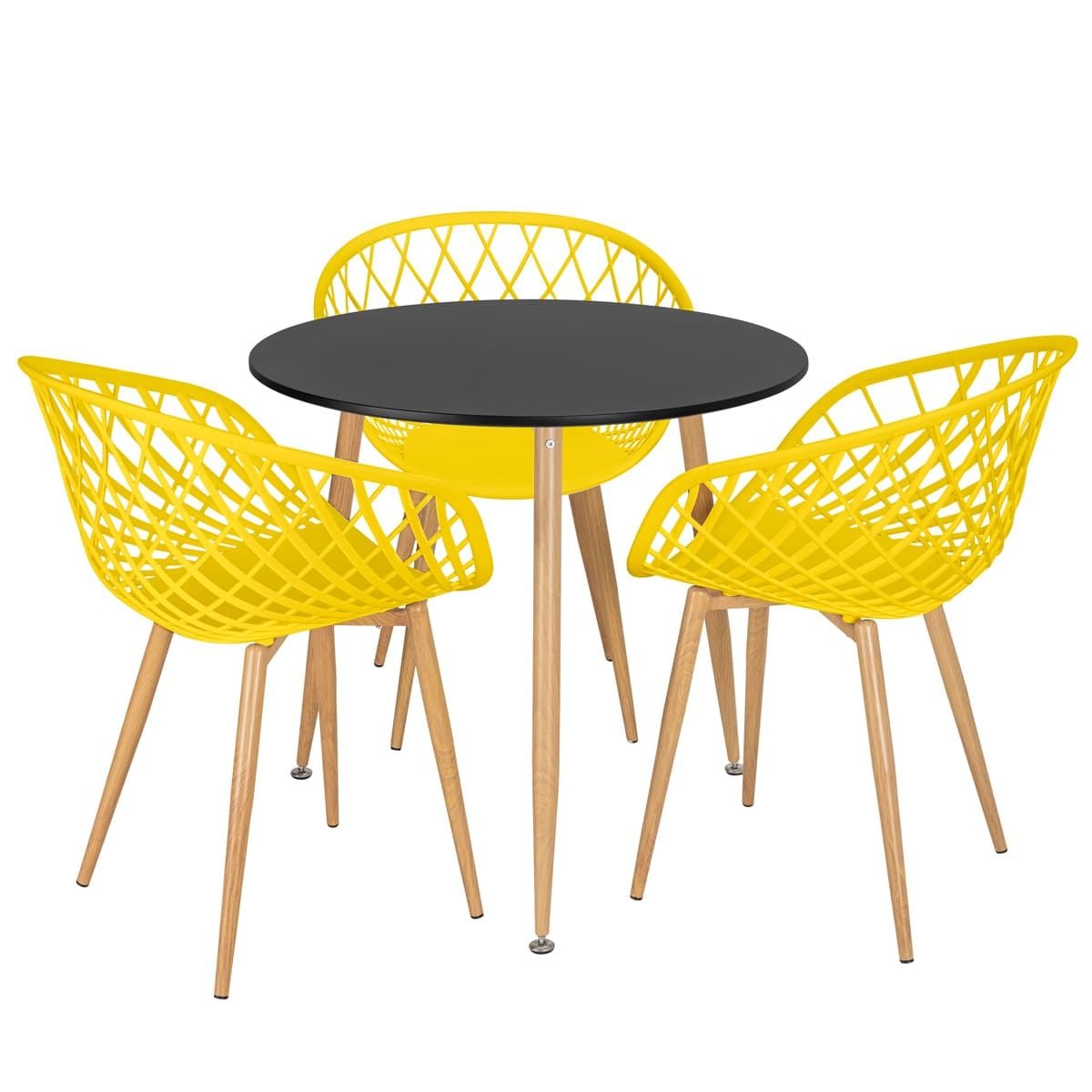 Mesa de jantar redonda 80 cm preto + 3 cadeiras Clarice Nest Amarelo