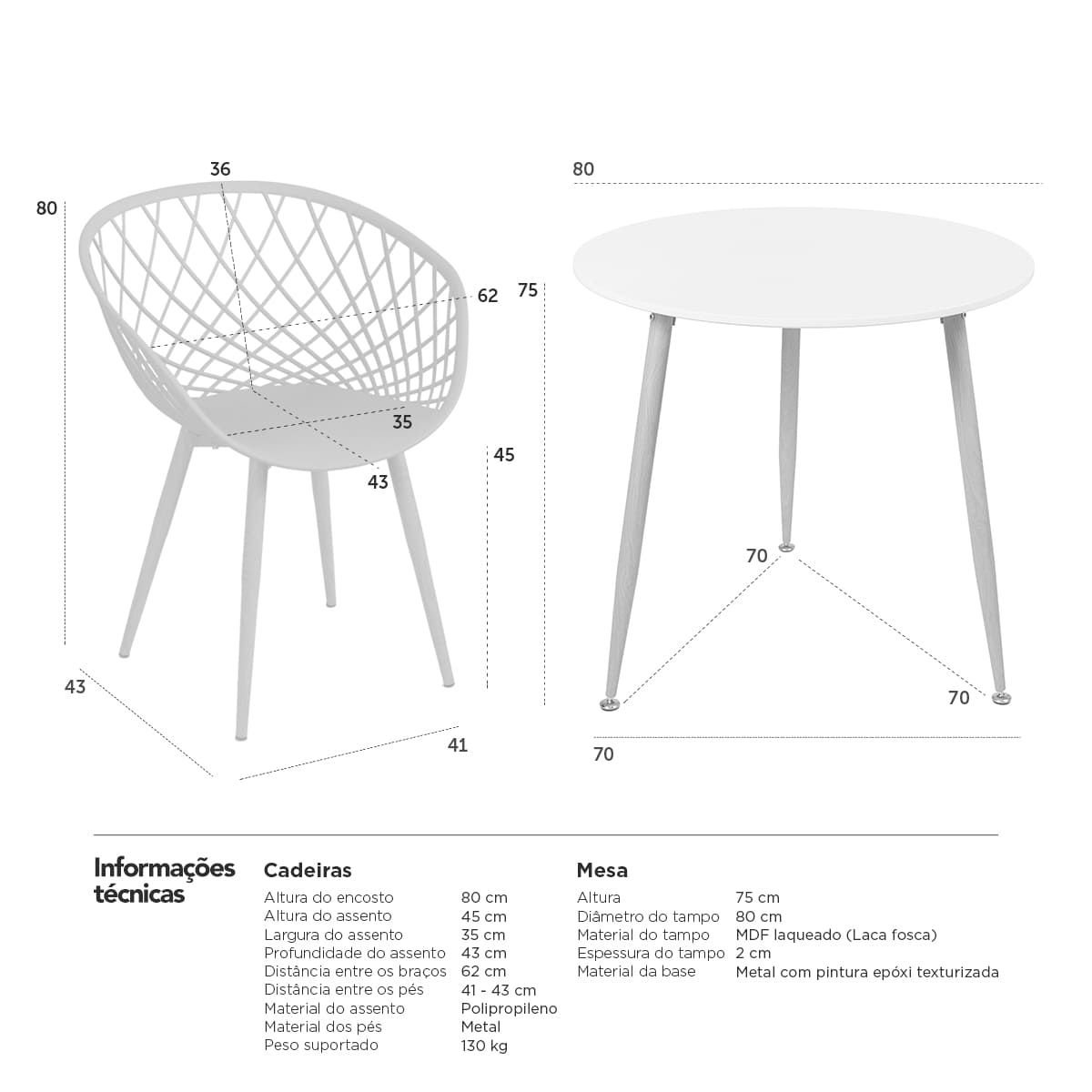 Mesa de jantar redonda 80 cm preto + 3 cadeiras Clarice Nest Branco