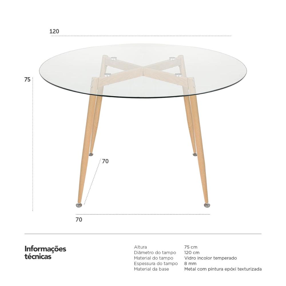 Mesa de jantar redonda Clarice com tampo de vidro 120 cm