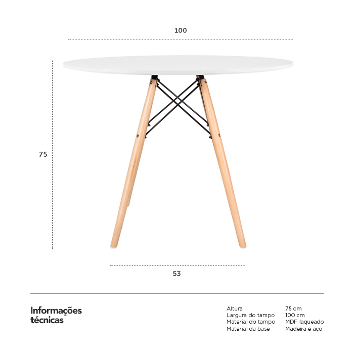Mesa de jantar redonda Eames Eiffel - Wood - Tampo de MDF - 100 cm - Branco