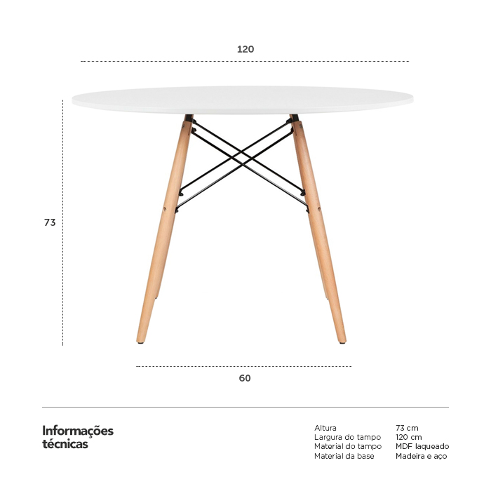 Mesa de jantar redonda Eames Eiffel - Wood - Tampo de MDF - 120 cm - Branco
