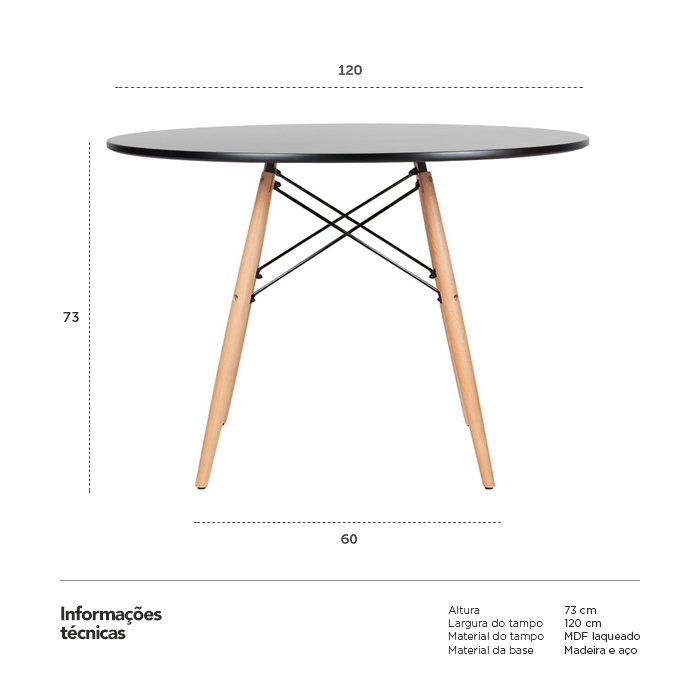 Mesa de jantar redonda Eames Eiffel - Wood - Tampo de MDF - 120 cm - Preto