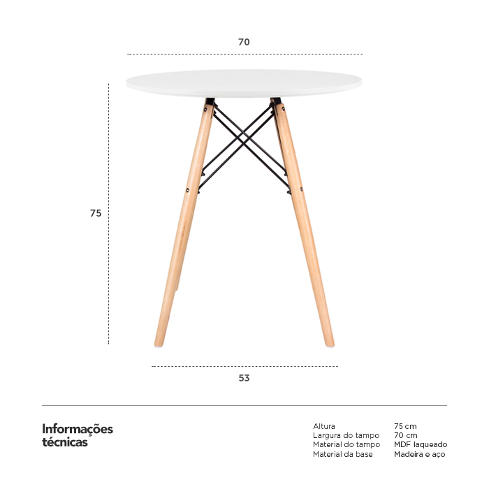 Mesa de jantar redonda Eames Eiffel - Wood - Tampo de MDF - 70 cm - Branco