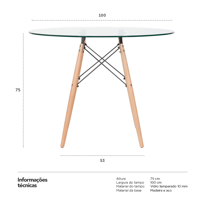 Mesa de jantar redonda Eames Eiffel - Wood - Tampo de vidro - 100 cm