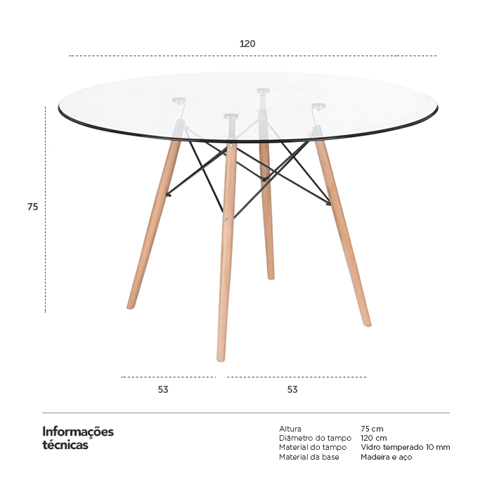 Mesa de jantar redonda Eames Eiffel - Wood - Tampo de vidro - 120 cm