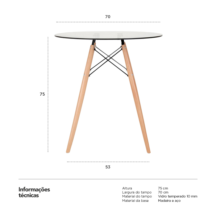 Mesa de jantar redonda Eames Eiffel - Wood - Tampo de vidro - 70 cm
