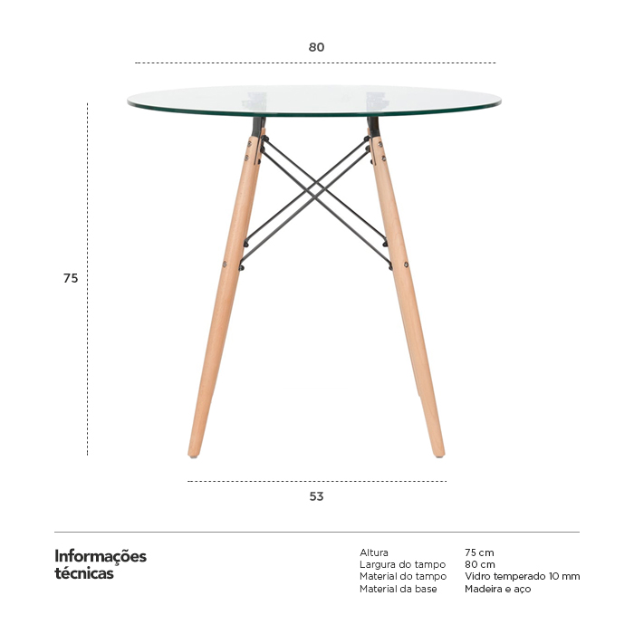 Mesa de jantar redonda Eames Eiffel - Wood - Tampo de vidro - 80 cm