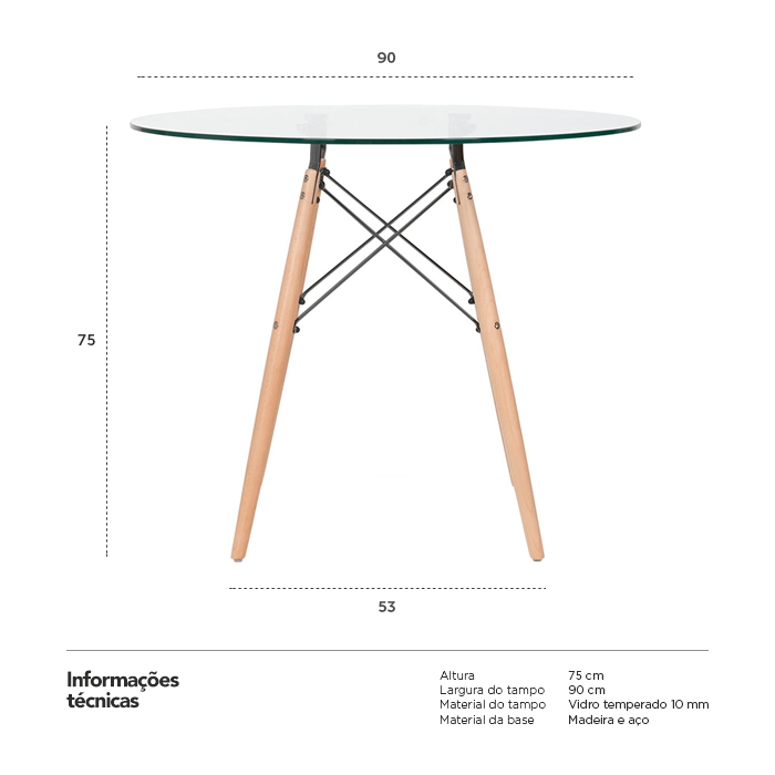 Mesa de jantar redonda Eames Eiffel - Wood - Tampo de vidro - 90 cm