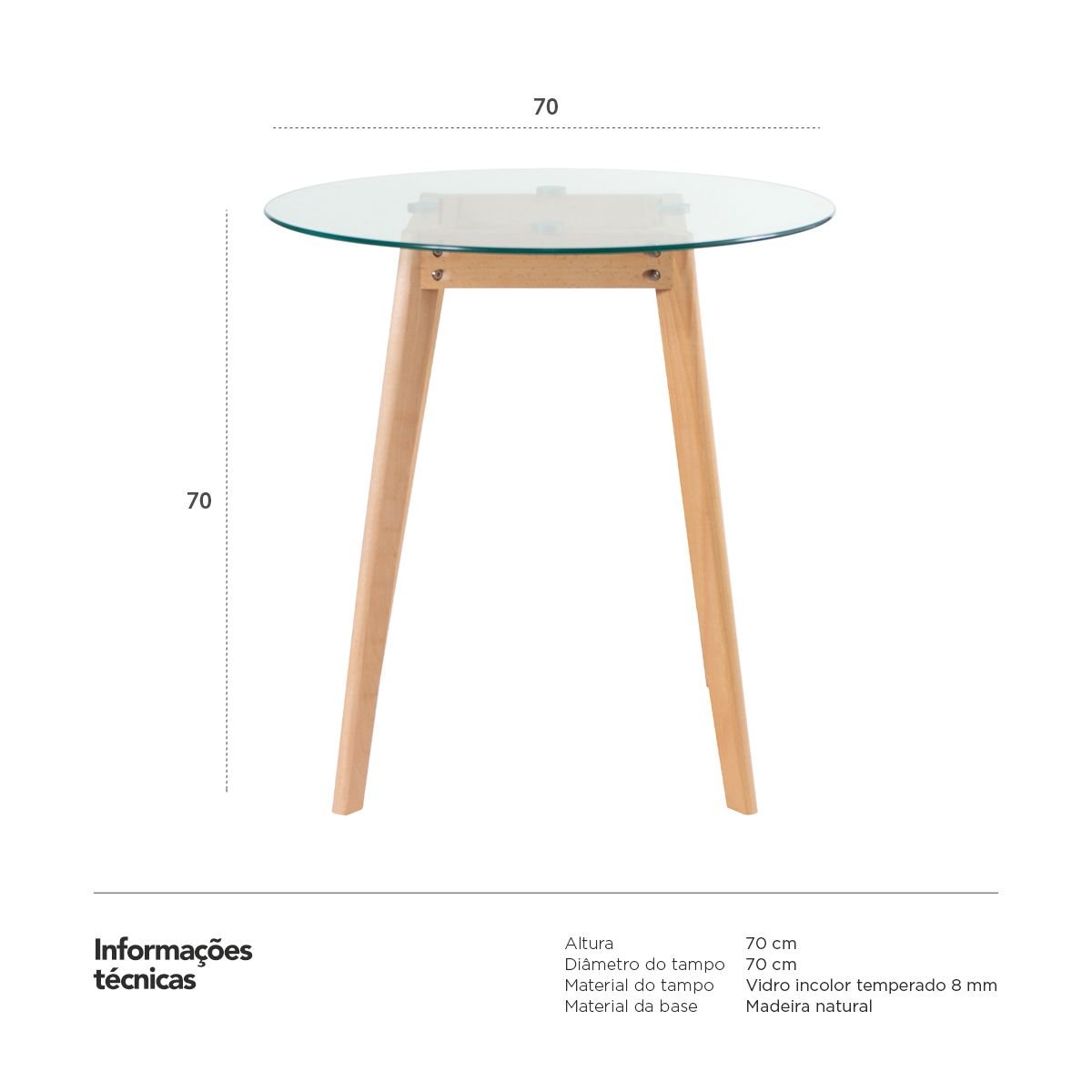 Mesa de jantar redonda Leda com tampo de vidro 70 cm Incolor