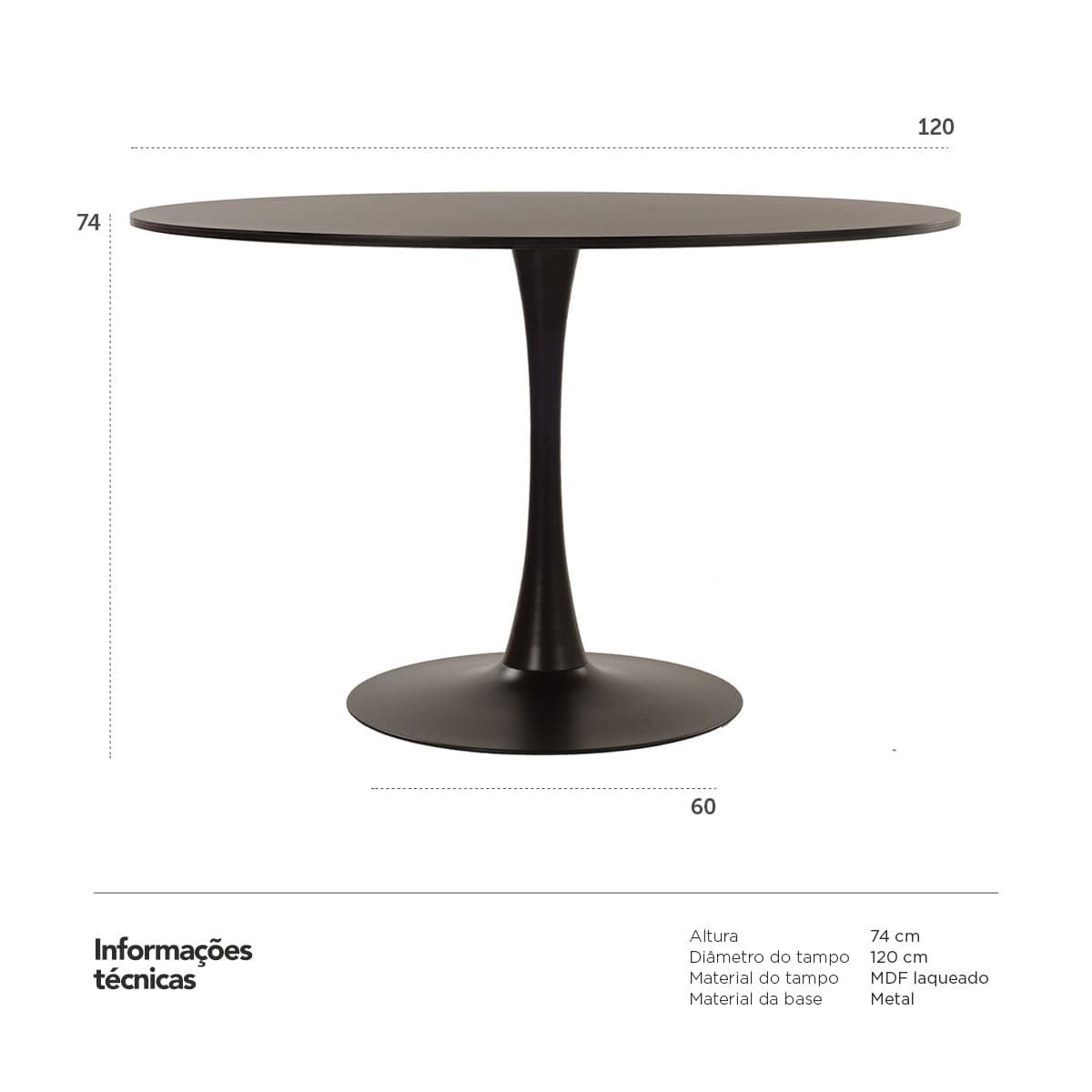 Mesa de jantar redonda Tulipa 120 cm Preto