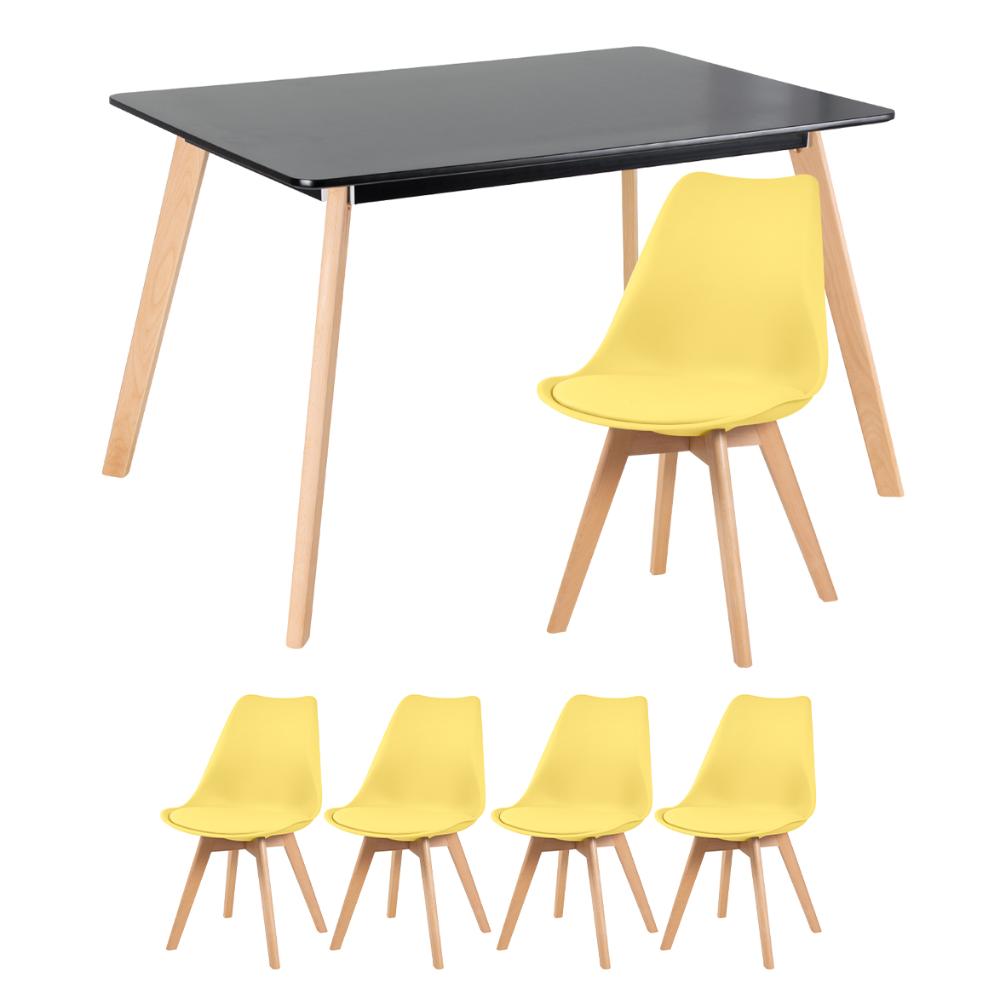 Mesa de jantar retangular 80 x 120 cm preto + 4 cadeiras Leda amarelo