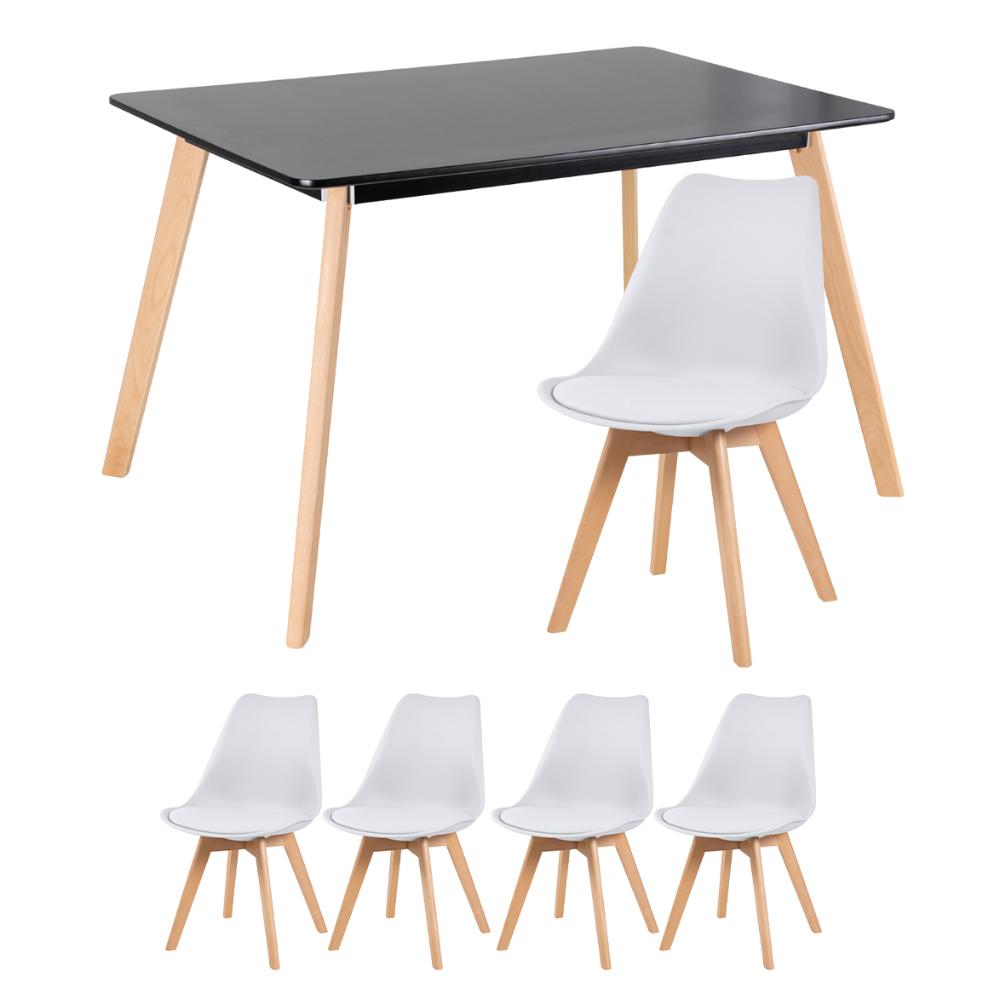 Mesa de jantar retangular 80 x 120 cm preto + 4 cadeiras Leda branco