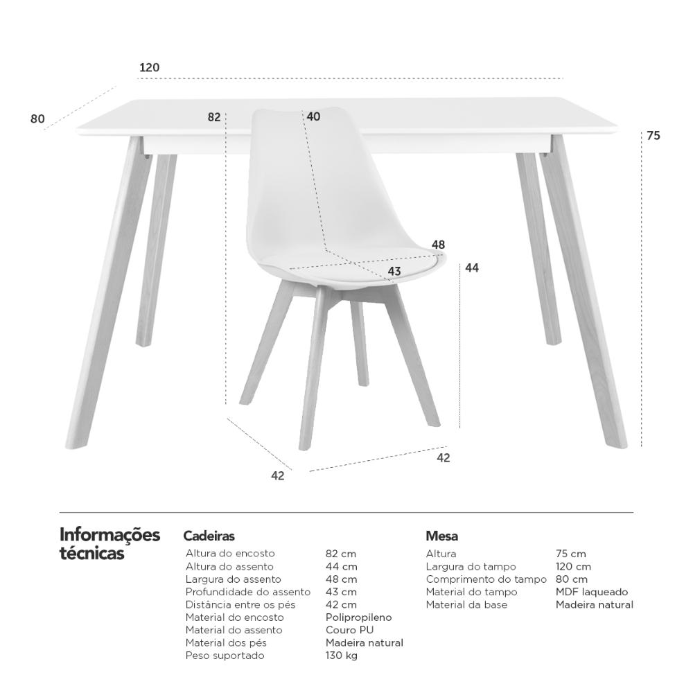 Mesa de jantar retangular 80 x 120 cm preto + 4 cadeiras Leda branco