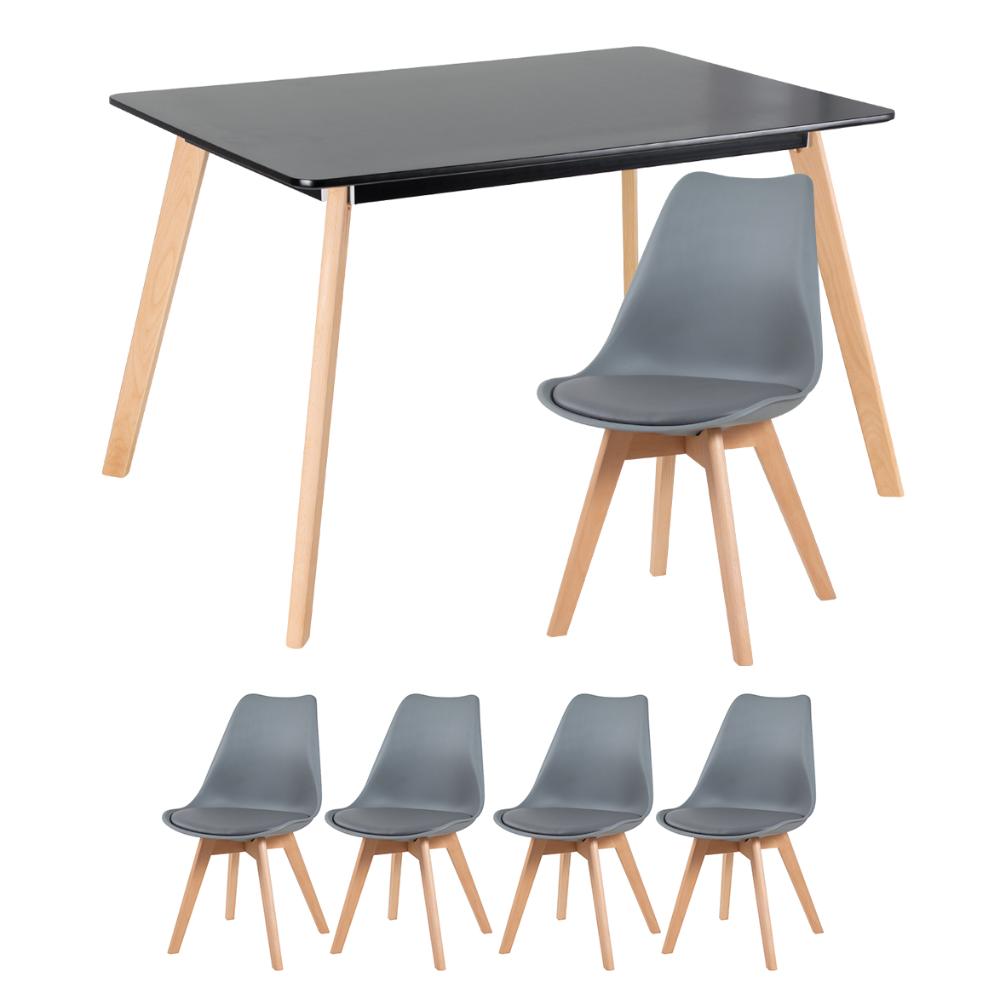 Mesa de jantar retangular 80 x 120 cm preto + 4 cadeiras Leda cinza escuro