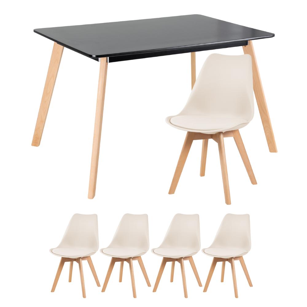 Mesa de jantar retangular 80 x 120 cm preto + 4 cadeiras Leda creme