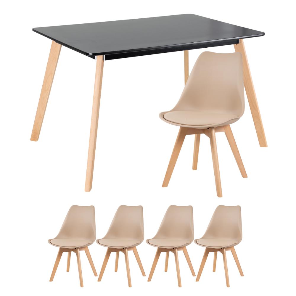Mesa de jantar retangular 80 x 120 cm preto + 4 cadeiras Leda nude