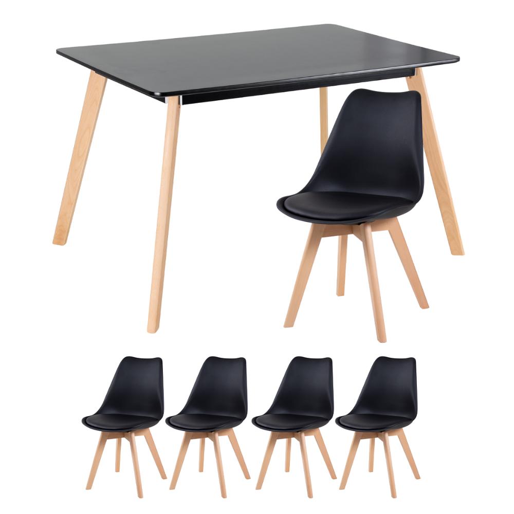 Mesa de jantar retangular 80 x 120 cm preto + 4 cadeiras Leda preto