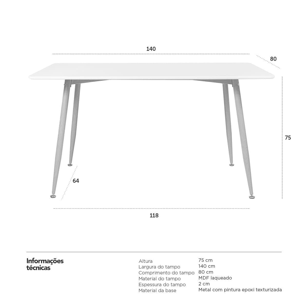 Mesa de jantar retangular Clarice 80 x 140 cm Branco