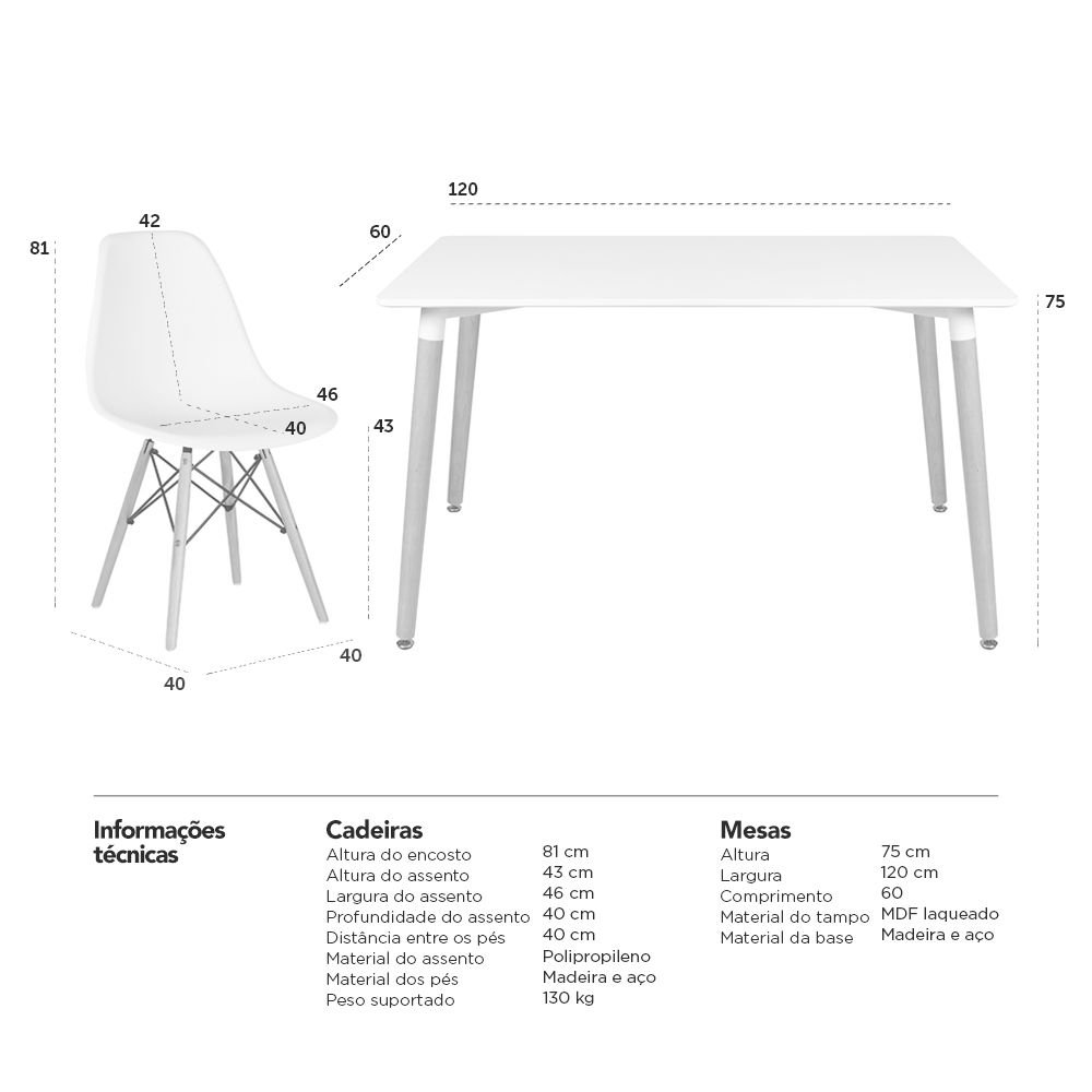 Mesa de jantar retangular Eames 60 x 120 cm branco + 4 cadeiras Eiffel DSW Branco
