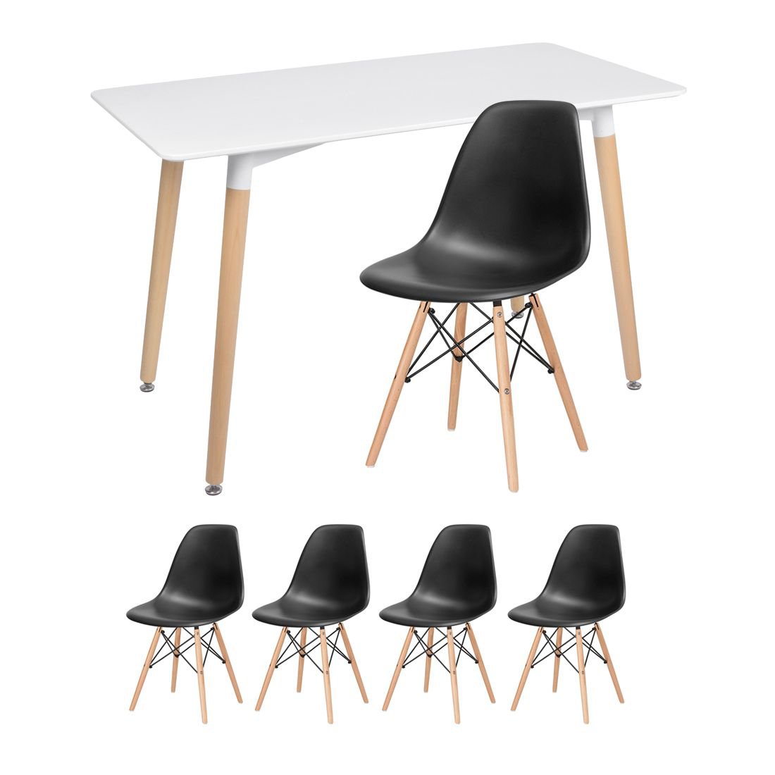 Mesa de jantar retangular Eames 60 x 120 cm branco + 4 cadeiras Eiffel DSW Preto