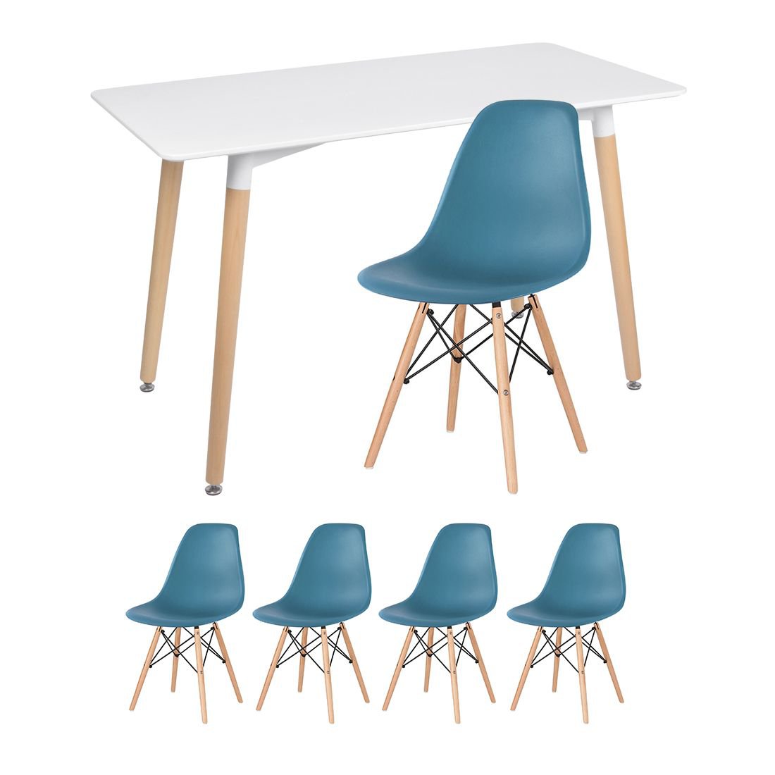 Mesa de jantar retangular Eames 60 x 120 cm branco + 4 cadeiras Eiffel DSW Turquesa