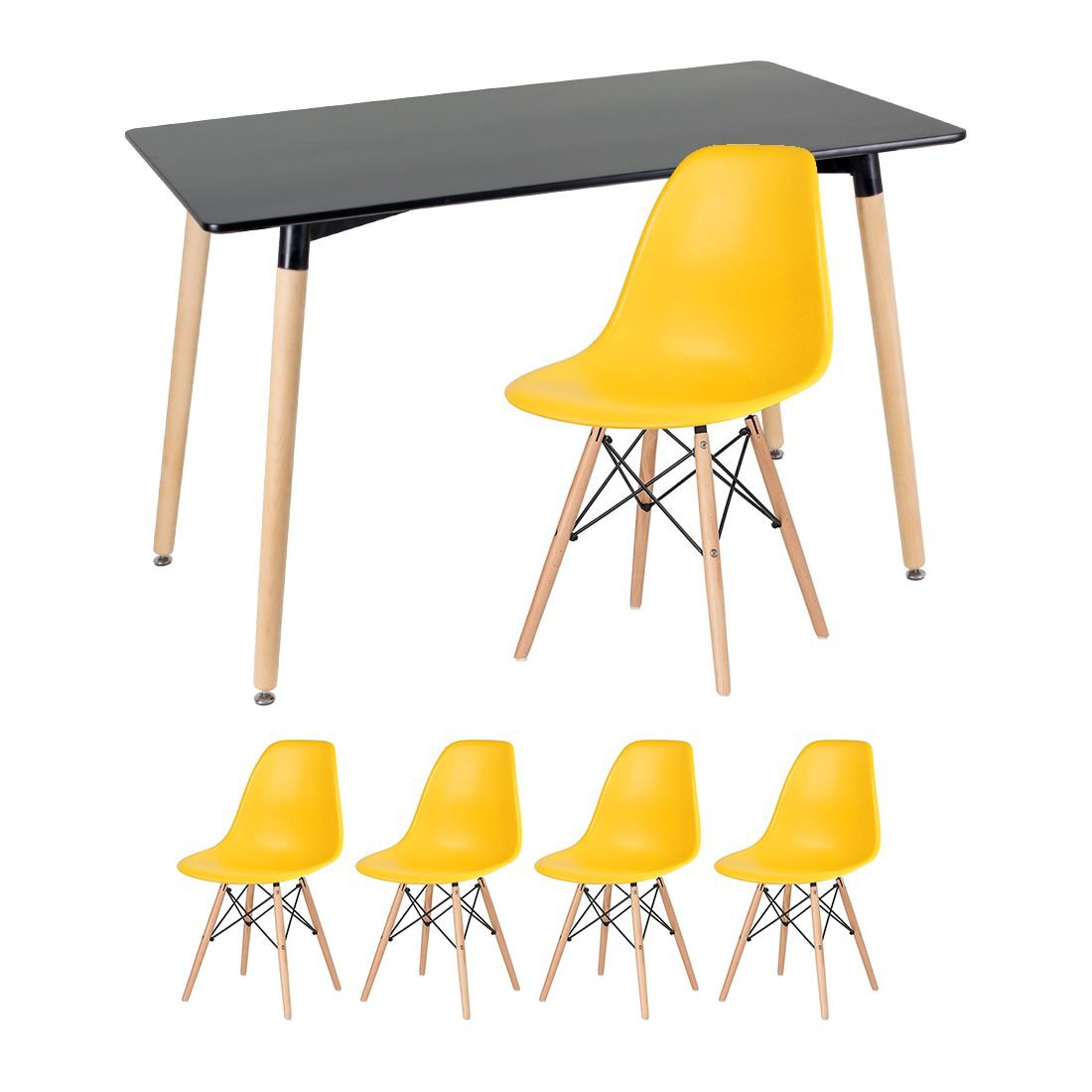 Mesa de jantar retangular Eames 60 x 120 cm preto + 4 cadeiras Eiffel DSW Amarelo