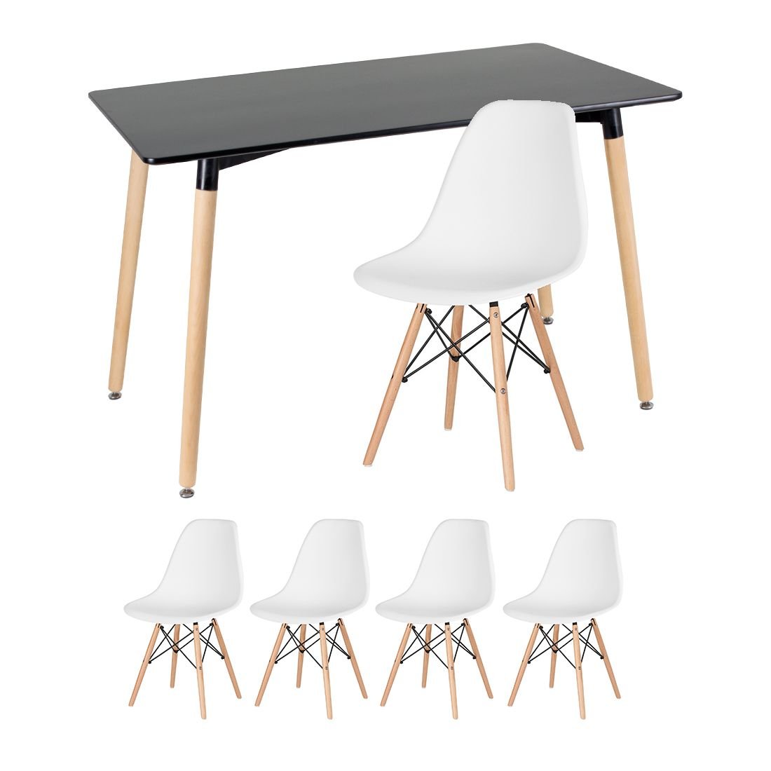 Mesa de jantar retangular Eames 60 x 120 cm preto + 4 cadeiras Eiffel DSW Branco