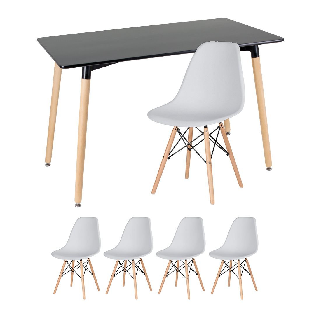 Mesa de jantar retangular Eames 60 x 120 cm preto + 4 cadeiras Eiffel DSW Cinza claro