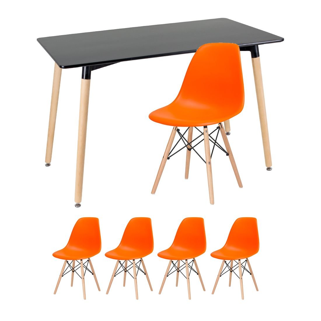 Mesa de jantar retangular Eames 60 x 120 cm preto + 4 cadeiras Eiffel DSW Laranja
