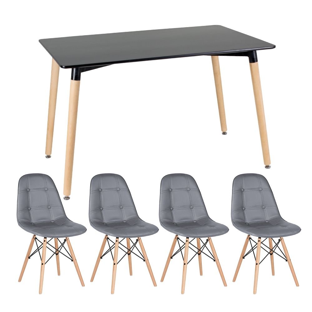 Mesa de jantar retangular Eames 80 x 120 cm + 4 cadeiras Eiffel Botonê Mesa preto com cadeiras cinza escuro