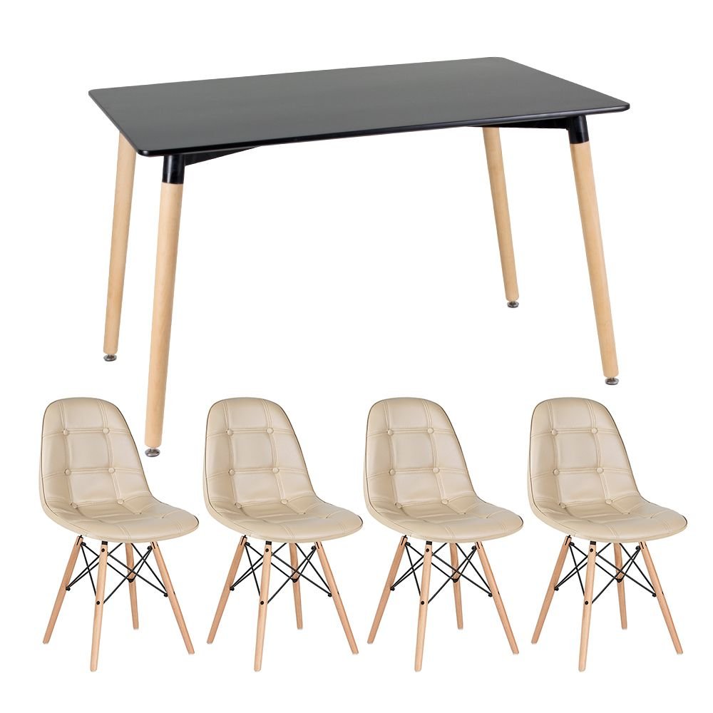 Mesa de jantar retangular Eames 80 x 120 cm + 4 cadeiras Eiffel Botonê Mesa preto com cadeiras nude