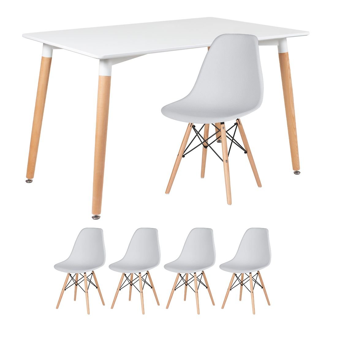Mesa de jantar retangular Eames 80 x 120 cm + 4 cadeiras Eiffel DSW Mesa branco com cadeiras cinza claro