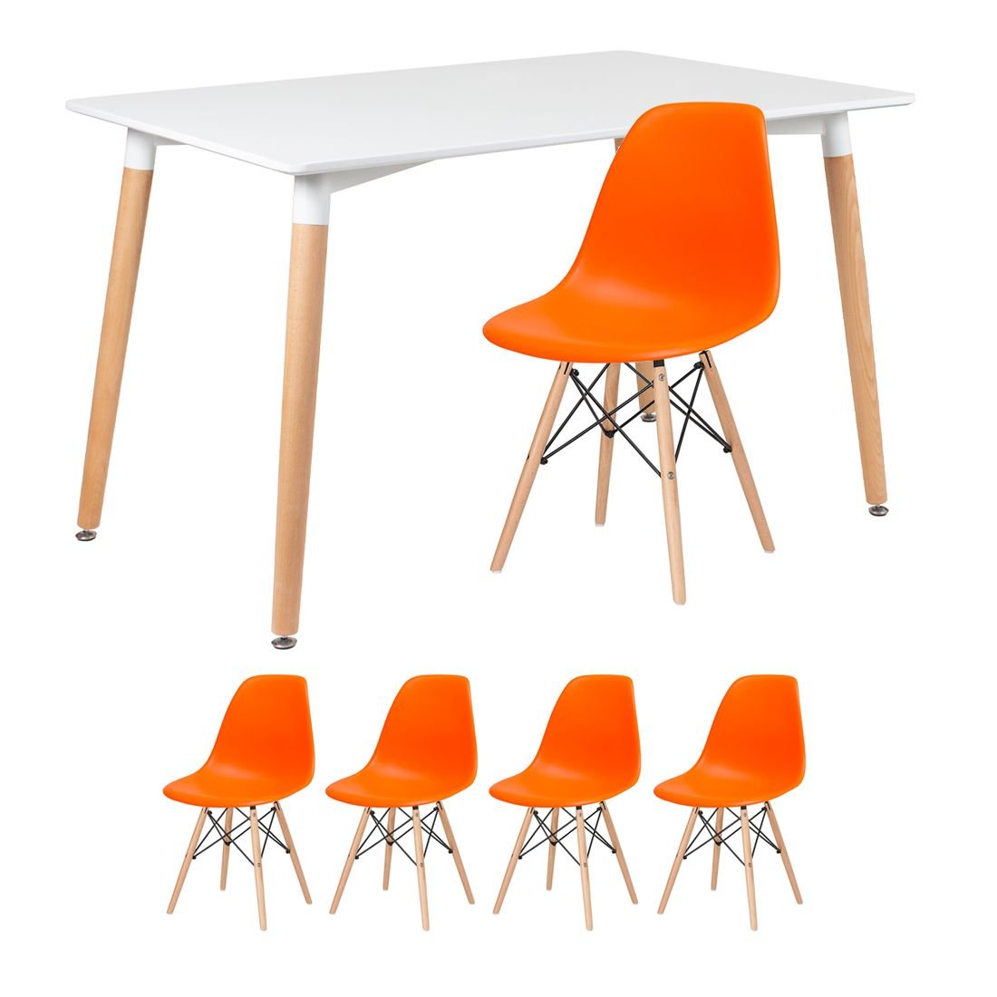 Mesa de jantar retangular Eames 80 x 120 cm + 4 cadeiras Eiffel DSW Mesa branco com cadeiras laranja