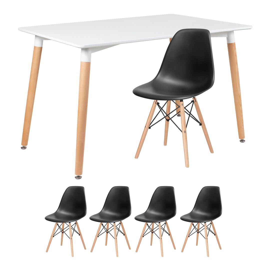 Mesa de jantar retangular Eames 80 x 120 cm + 4 cadeiras Eiffel DSW Mesa branco com cadeiras preto