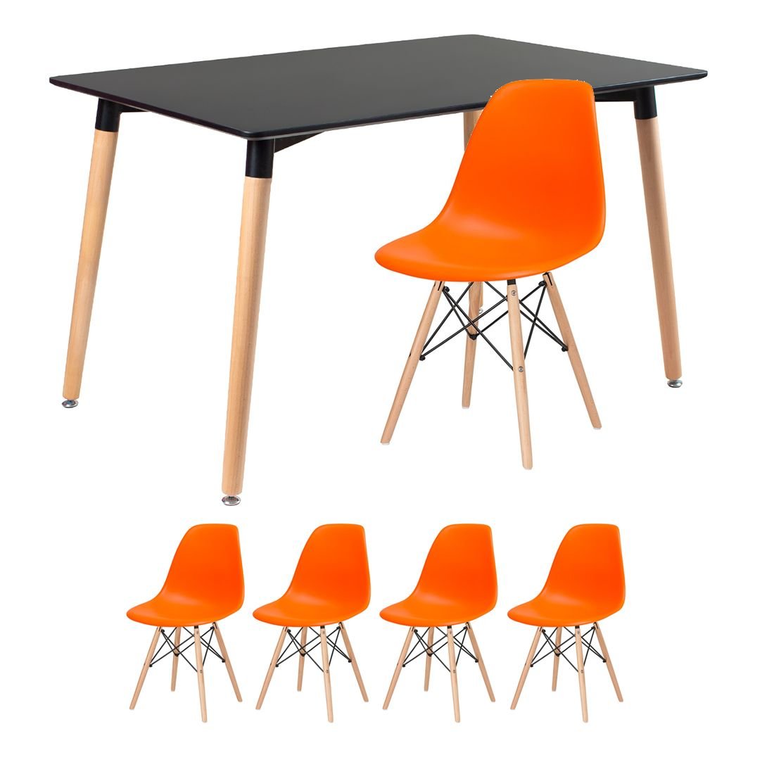 Mesa de jantar retangular Eames 80 x 120 cm + 4 cadeiras Eiffel DSW Mesa preto com cadeiras laranja
