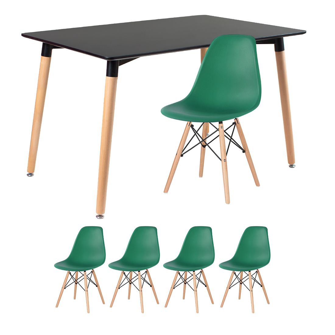 Mesa de jantar retangular Eames 80 x 120 cm + 4 cadeiras Eiffel DSW Mesa preto com cadeiras verde escuro