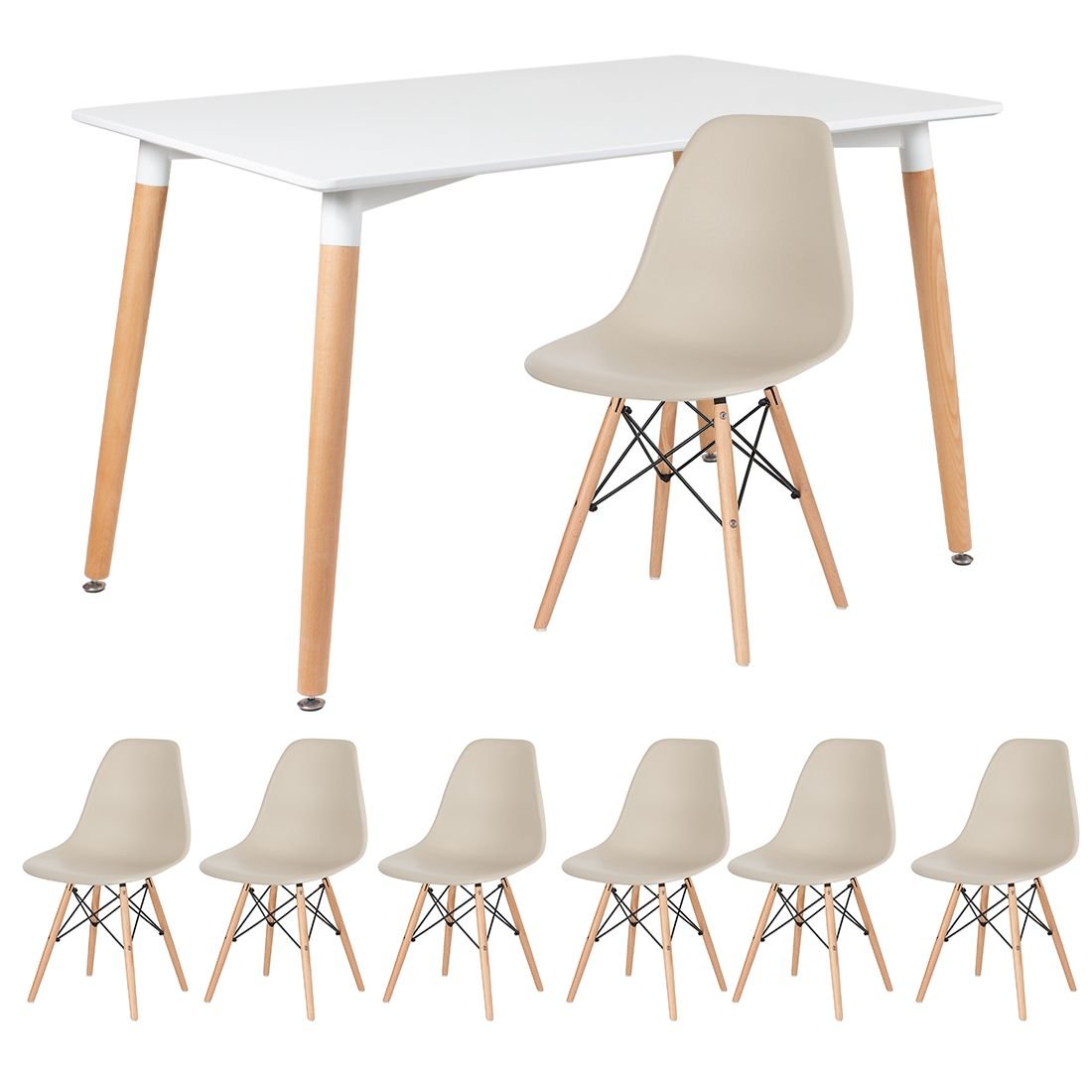 Mesa de jantar retangular Eames 80 x 120 cm + 6 cadeiras Eiffel DSW Mesa branco com cadeiras nude