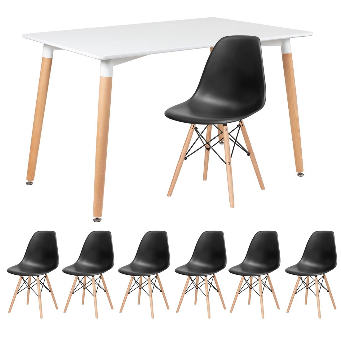 Mesa de jantar retangular Eames 80 x 120 cm + 6 cadeiras Eiffel DSW Mesa branco com cadeiras preto