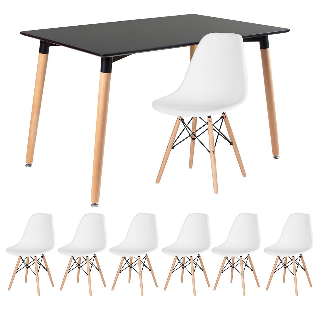 Mesa de jantar retangular Eames 80 x 120 cm + 6 cadeiras Eiffel DSW Mesa preto com cadeiras branco