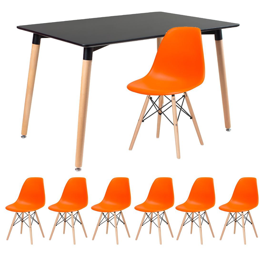 Mesa de jantar retangular Eames 80 x 120 cm + 6 cadeiras Eiffel DSW Mesa preto com cadeiras laranja