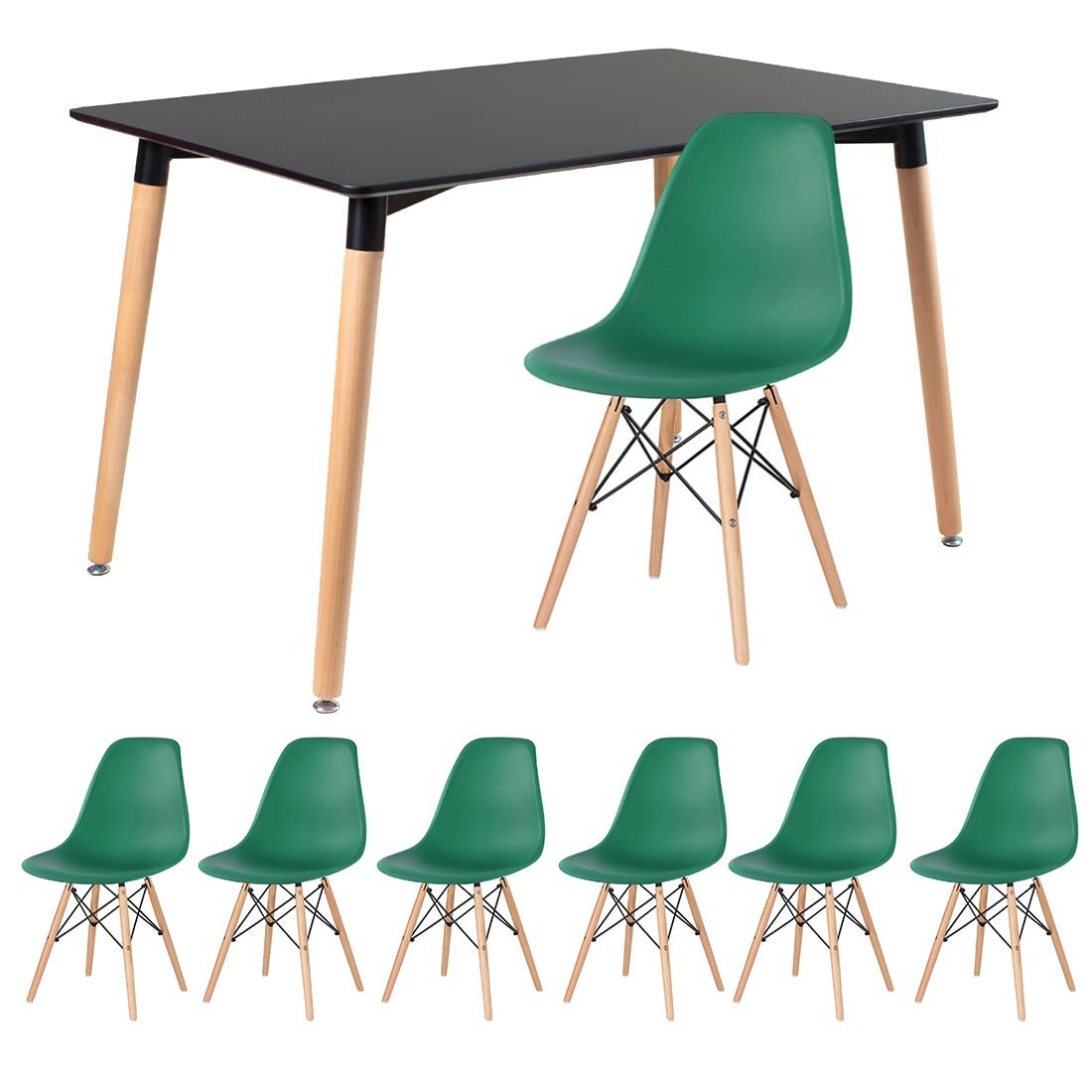 Mesa de jantar retangular Eames 80 x 120 cm + 6 cadeiras Eiffel DSW Mesa preto com cadeiras verde escuro