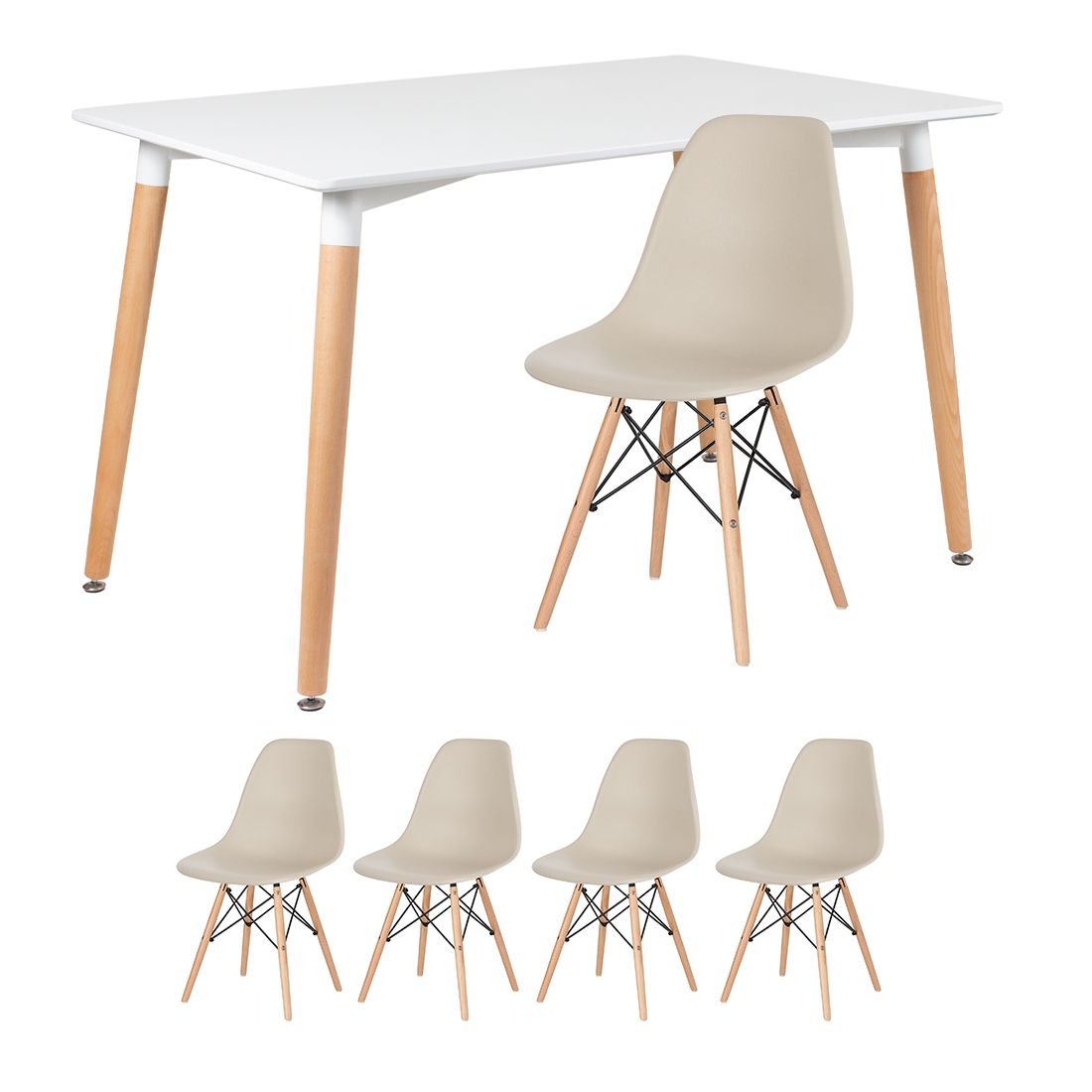 Mesa de jantar retangular Eames 80 x 120 cm branco + 4 cadeiras Eiffel DSW Nude