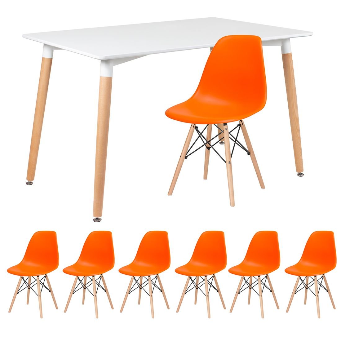 Mesa de jantar retangular Eames 80 x 120 cm branco + 6 cadeiras Eiffel DSW Laranja