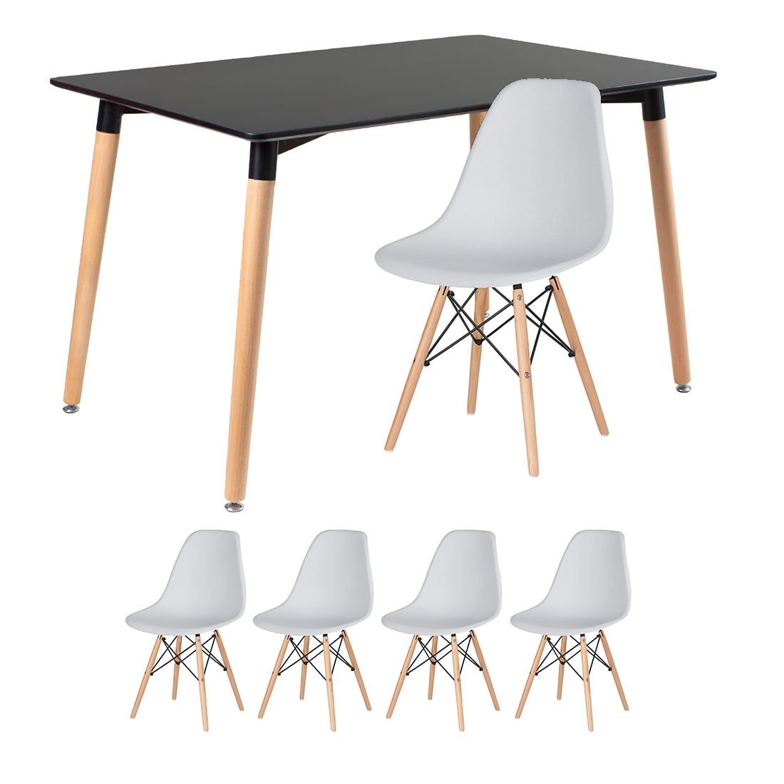 Mesa de jantar retangular Eames 80 x 120 cm preto + 4 cadeiras Eiffel DSW Cinza claro