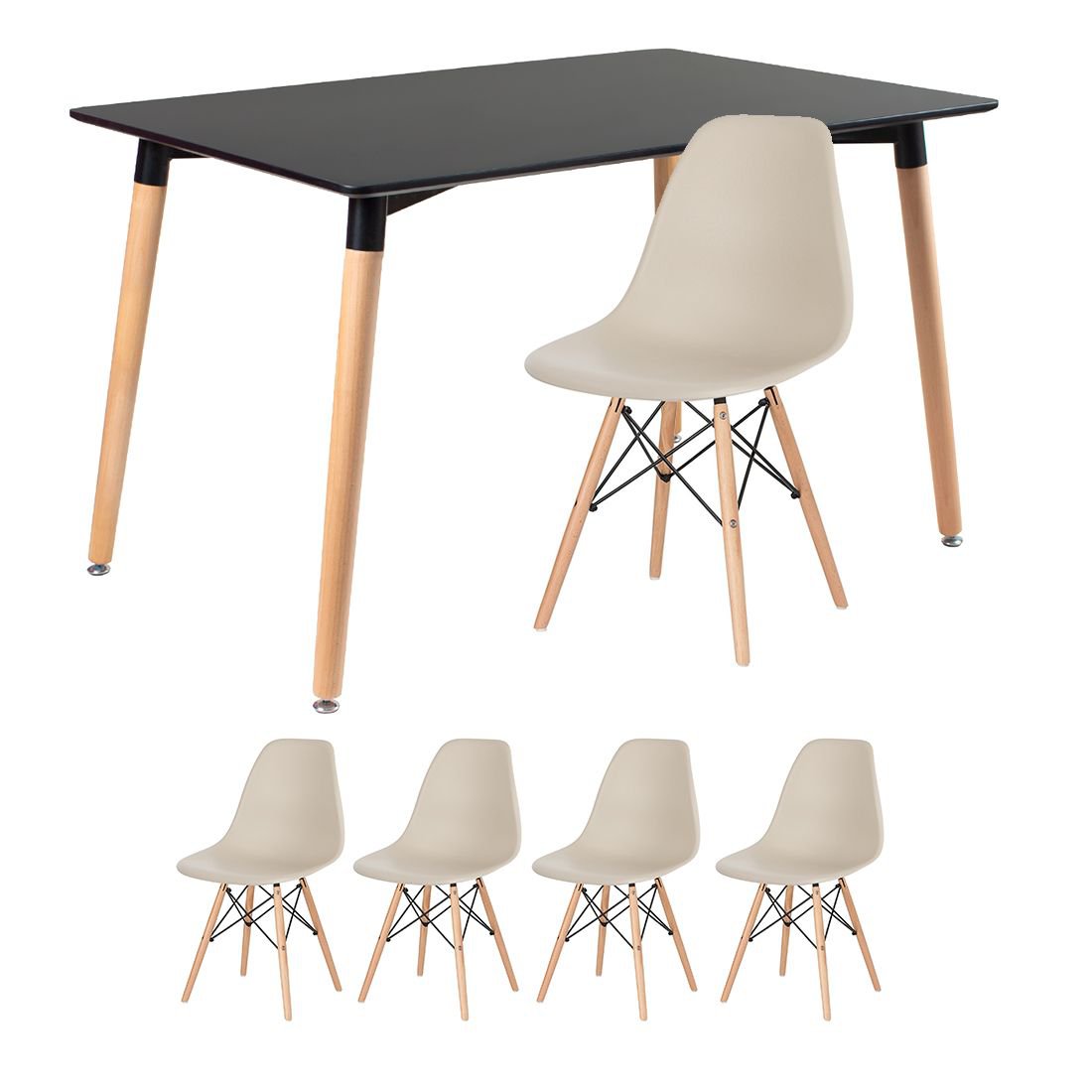 Mesa de jantar retangular Eames 80 x 120 cm preto + 4 cadeiras Eiffel DSW Nude