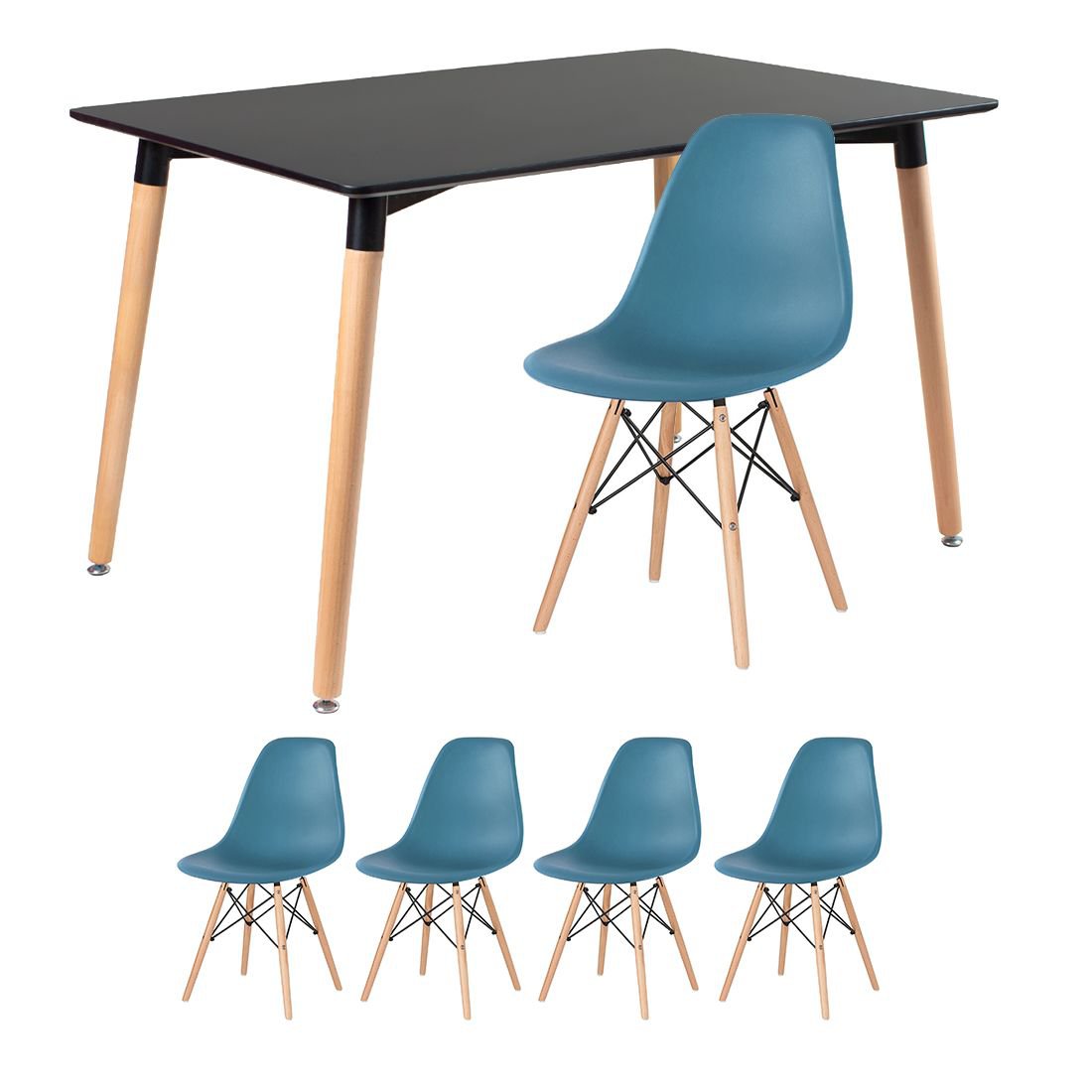 Mesa de jantar retangular Eames 80 x 120 cm preto + 4 cadeiras Eiffel DSW Turquesa
