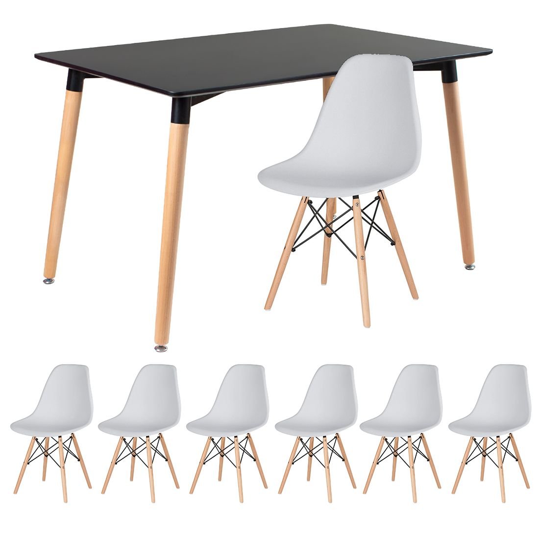 Mesa de jantar retangular Eames 80 x 120 cm preto + 6 cadeiras Eiffel DSW Cinza claro