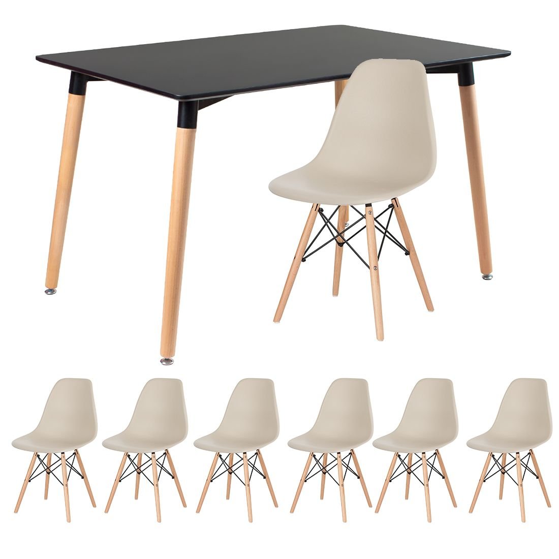 Mesa de jantar retangular Eames 80 x 120 cm preto + 6 cadeiras Eiffel DSW Nude