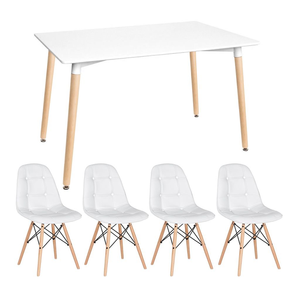 Mesa de jantar retangular Eames 80 x 140 cm + 4 cadeiras Eiffel Botonê Mesa branco com cadeiras branco