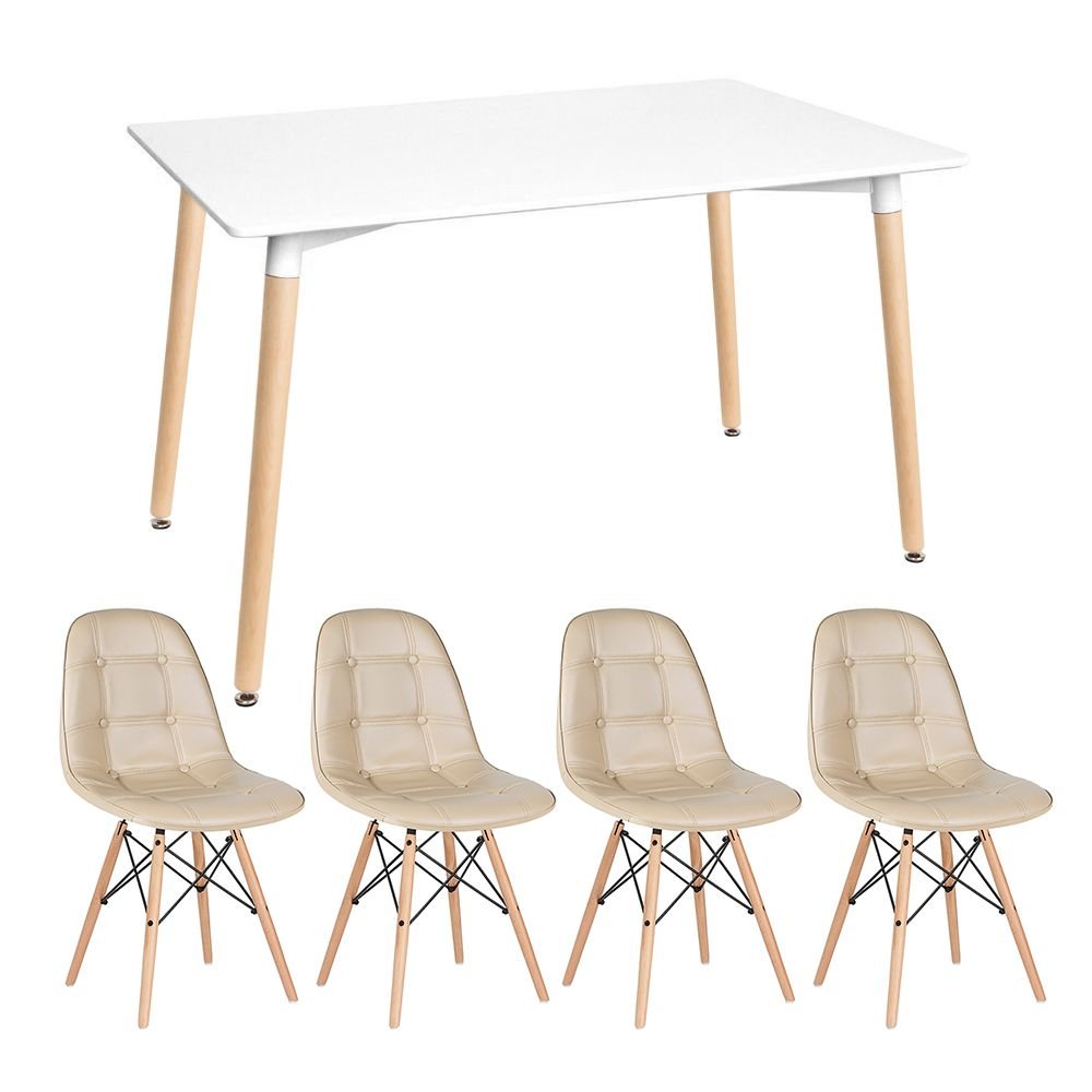 Mesa de jantar retangular Eames 80 x 140 cm + 4 cadeiras Eiffel Botonê Mesa branco com cadeiras nude